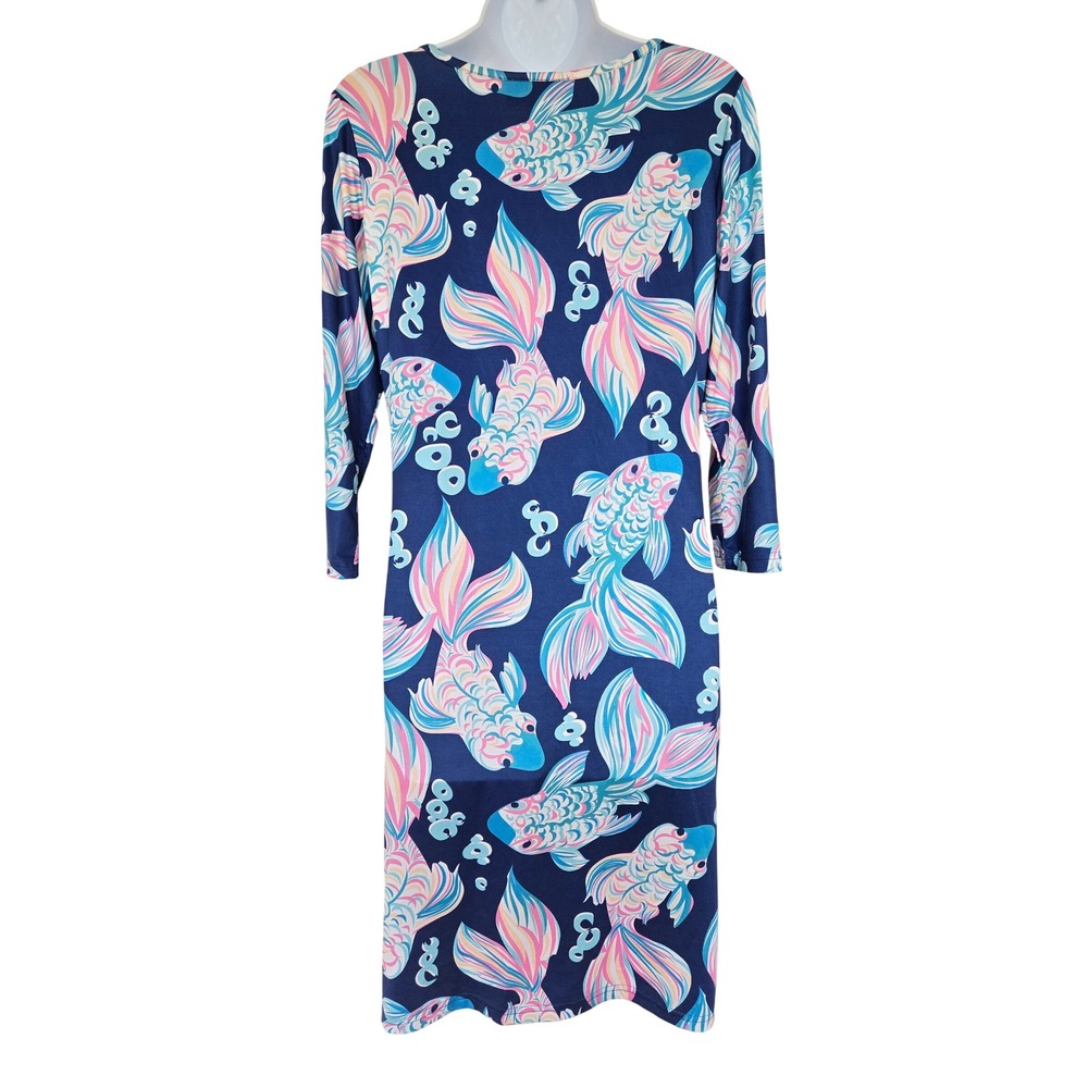 Tango Mango Koi Fish Print Dress S 3/4 Sleeve Stretch Coastal Preppy Dopamine - Picture 5 of 9